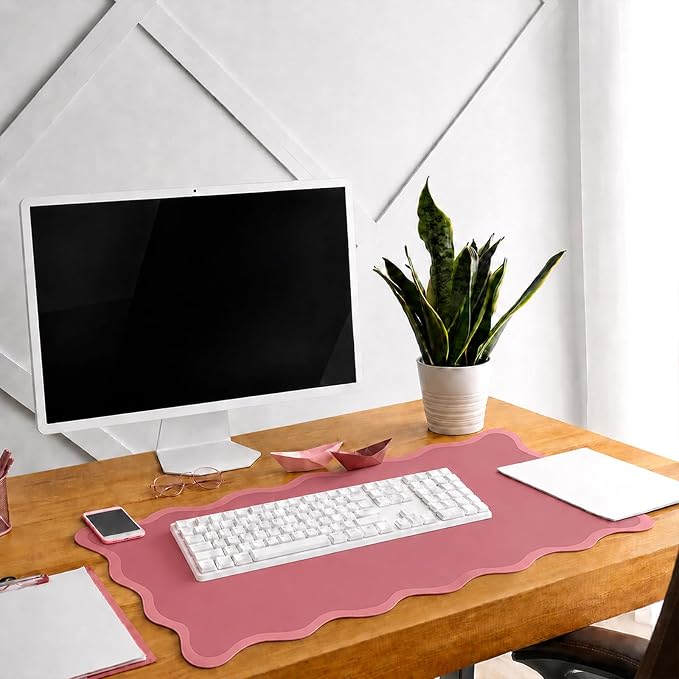 Hahafelt Scalloped Desk Mat Waterproof,Dark Pink,31.5 X 15.8 Inches | Coquette Preppy Style for School Office Makeup Vanity, Nonslip Gaming Desktop Protector with Scalloped Stitched Edge Mat
