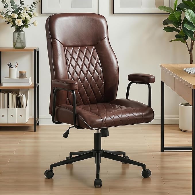 Leather Office Chair, Comfy Home Office Desk Chair, Mid Century Modern Office Chair with Lumbar Support, Mid-Back Adjustable Swivel Computer Chair with Wheels and Arms, Dark Brown