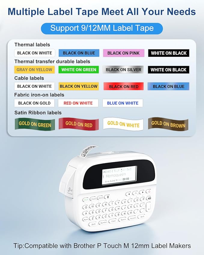 Memoqueen Label Maker, Label Maker Waterproof-Labels,Rechargeable Bluetooth Labeler with Backlit LCD, Multi-Symbol Icon Style Template Desktop Label Machine Widely Used in Office, Home,School