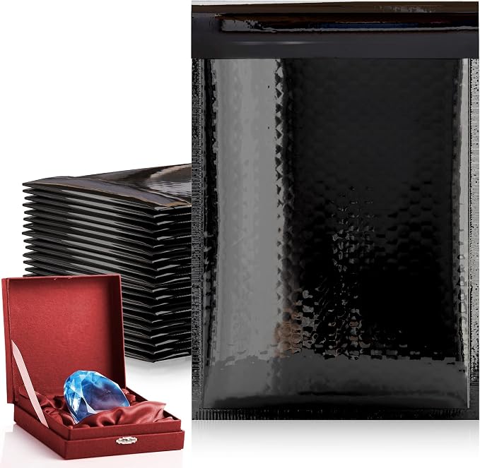 Glamour Metallic Bubble Mailers 5 x 9 Inches Black, 250 Pack Padded Envelopes for Shipping, Mailing, Packaging Protection
