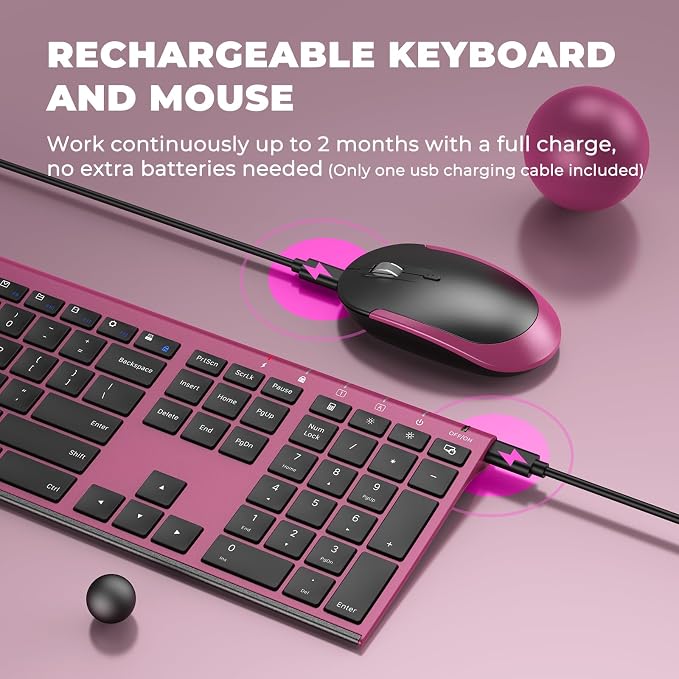 Vssoplor Wireless Keyboard and Mouse, Rechargeable Ultra Slim, Wine Red | Quiet Full-Size Keyboard and Mouse Combo Set, for Laptop, PC, Notebook, Desktop, 2.4GHz Stable Connection, Ideal for Office