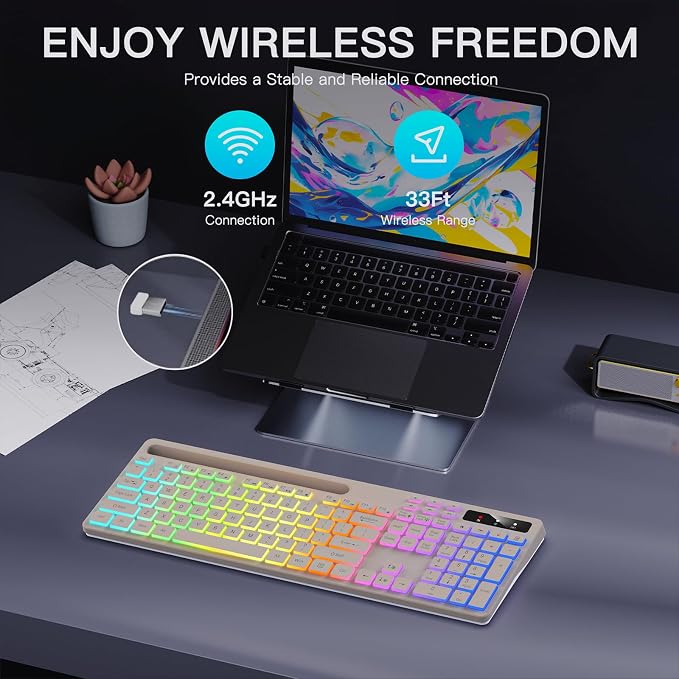 Soueto Wireless Keyboard with 7-Color RGB Backlit, Full-Size Computer Keyboard with Phone Tablet Holder, 2.4G Rechargeable Gaming Keyboard with Light Up Keys, Compatible with Mac, Windows (Latte)