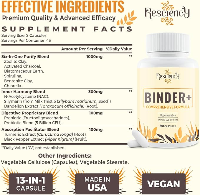 Resciency Detox Binder Supplement - Activated Charcoal, Zeolite, Bentonite Clay, Milk Thistle, Proprietary Blends - Liver & Gut, Max Absorption, 180 Vegan Capsules
