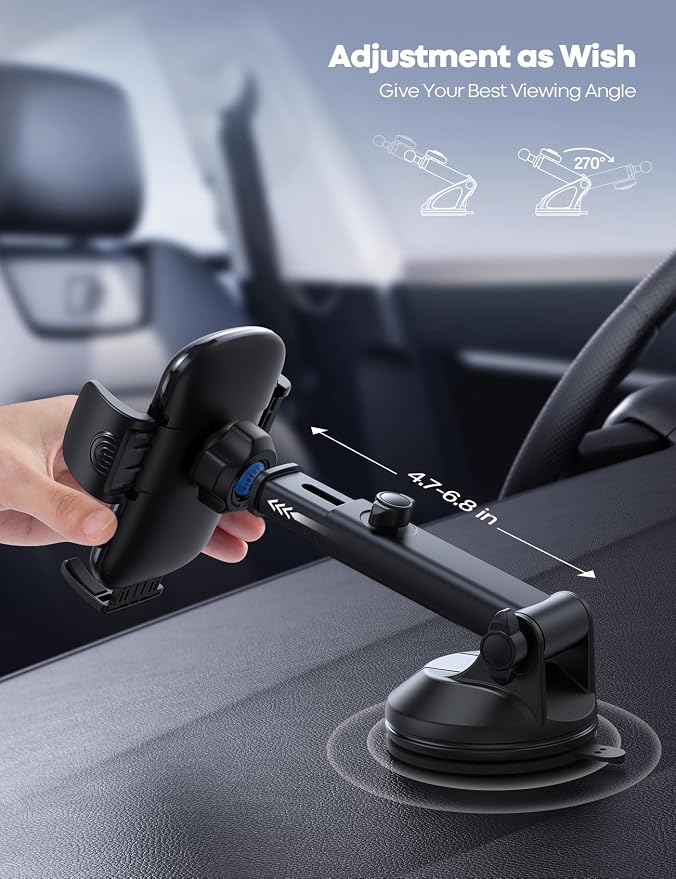 Lamicall Car Phone Holder Military-Grade Suction Cup Dashboard Windshield | 360° Rotation Phone Holders for Your Car, Quick Release Adjustable Phone Mount for Car for iPhone 17 16 15 Pro Max Dark Grey