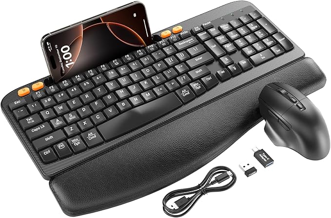 Ergonomic Wireless Keyboard and Mouse Combo with Wave Key | Leather Soft Palm Rest, Rechargeable, 4-Level DPI, Phone Holder, 2.4GHz, MA22 Plus Full Size Set for PC, Laptop, Windows, Mac