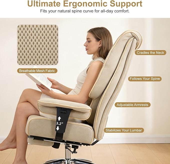 Big and Tall Office Chair 400lbs Wide Seat, Leather High Back Executive Office Chair with Lumbar Support, Ergonomic Chairs Padded Armrests & Thick Cushion (Mesh Beige)