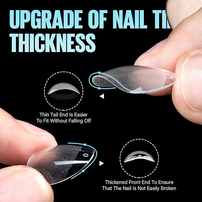 TOMICCA Short Almond Nail Tips, 504Pcs Soft Acrylic Nail Tips, 12 Sizes Pre-Shaped Half Matte Fake Clear Gelly Tips, Press on Acrylic Nails for Nail Extension DIY Nail Salon