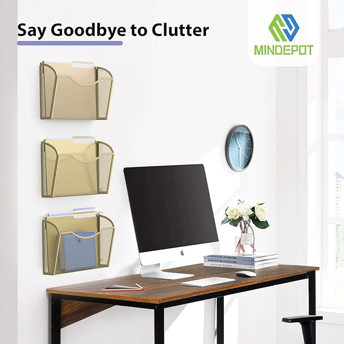 MINDEPOT Wall File Organizer, Hanging Wall File Holder, 6 Pack, Gold | Heavy Duty Iron, Metal Mesh Wall Mount, Single Pocket, Mail Organizer, for Office School Classroom Home, Letter A4 Size