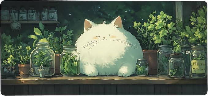 Cute Anime White Cat Gaming Mouse Pad, Forest Green Anime Desk Mat with Anti-Slip Base & Stitched Edges,35.4" x 15.7" in Table Mat for Computer Desktop, Beautiful Workstation Decor