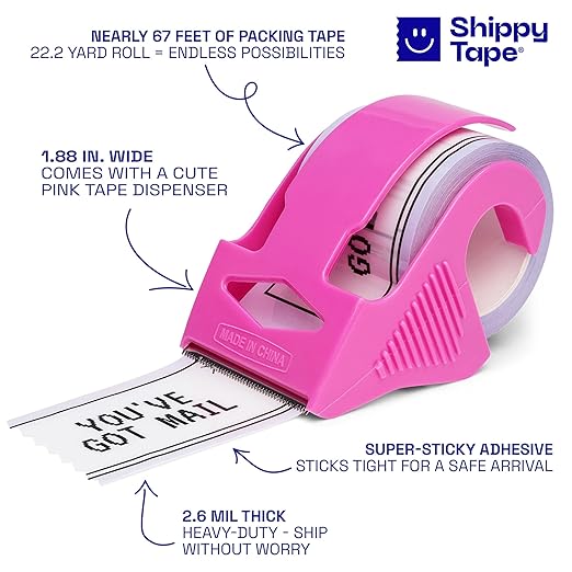 Decorative Packing Tape with Pink Dispenser – You’ve Got Mail Purple, 1.88" x 22.2 Yards – Cute Printed Shipping Tape for Gifts, Small Business Essentials, and Mailers