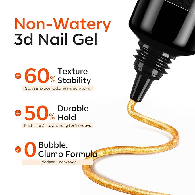 modelones 3D Gel Nail Art, 2Pcs Clear Gold Sculpting Gel Nail Glue for Nail Charms Gems Chrome Nail Powder Rhinestone No Wipe Molding Nail Art DIY Home for Drawing Designs