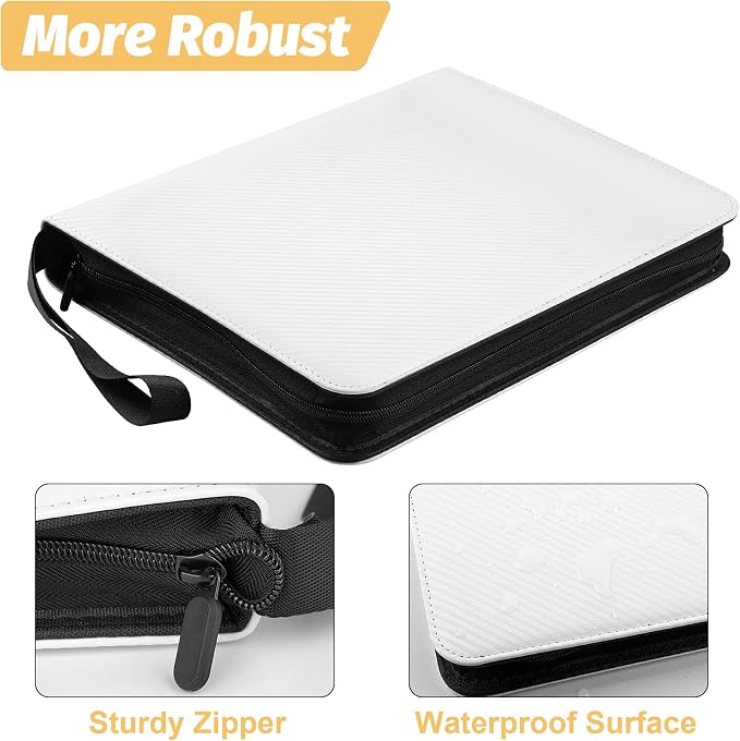 GERMUN 3 Ring 9 Pocket Zipper Card Binder, 720 Double Sided Standard PU Trading Card Album Folder for TCG & Sports Cards, Not Fit Top Loaders (White)