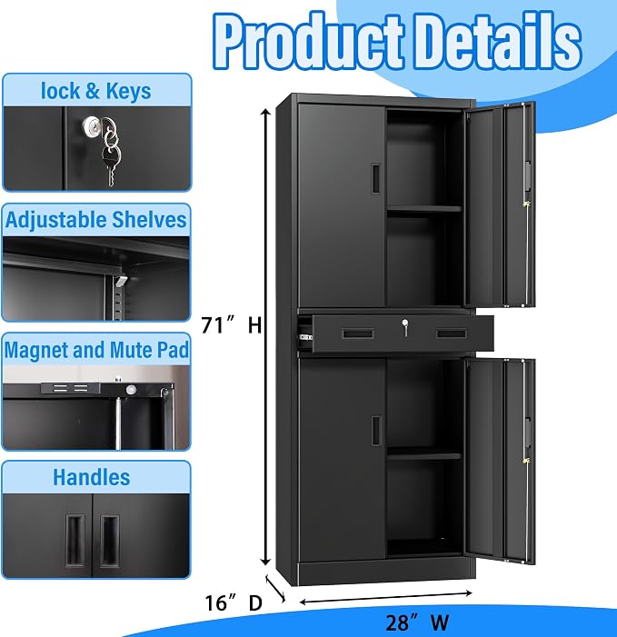 BESFUR Metal Storage Cabinet with 1 Drawer and Adjustable Shelves, 71" H Reinforced Heavy Duty Locking Storage Cabinet for Office, Garage, Home, School, Utility(Black)