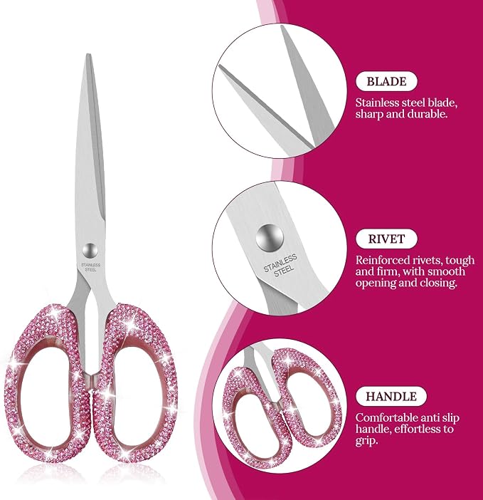 MultiBey 7.7" Rhinestone Cute Scissors, Pink | Cute Sparkly Rhinestone Scissors with Stainless Steel Blades | Aesthetic Craft Shears for Scrapbooking, Journaling & Office