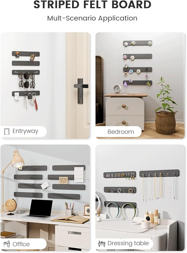 Fluxynara Cork Board Alternative Felt Strip Board 8-Pack 13"x2", Office Pin Board with 50 Push Pins, Adhesive Install for Bedroom Door & Home Office(Charcoal Gray)