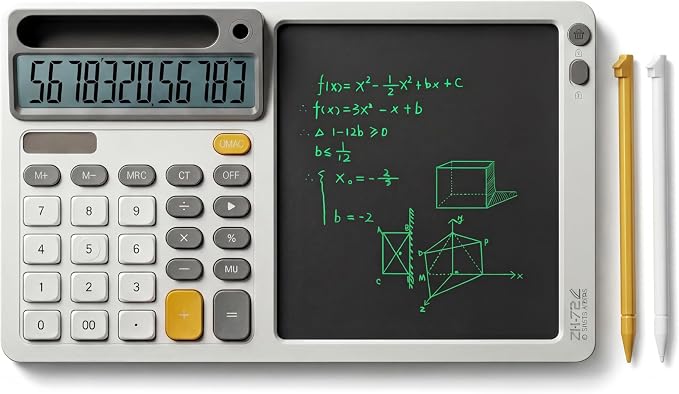 Solar Desk Calculator with 7.5 inc LCD Writing Membrane, 15° Tilt for Easy Reading, Integrated Phone Stand, Voice & Silent Modes, Anti-Slip Pads for Stability, Ideal for Office & Study Use