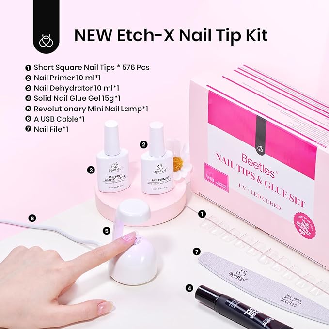 Beetles Gel Nail Kit Short Square with Nail Dehydrator and Primer, 576Pcs Half Matte Etch-X Gel Tips Solid Glue Mini Lamp Acrylic Tips Easy DIY Extension Set Gift for Women
