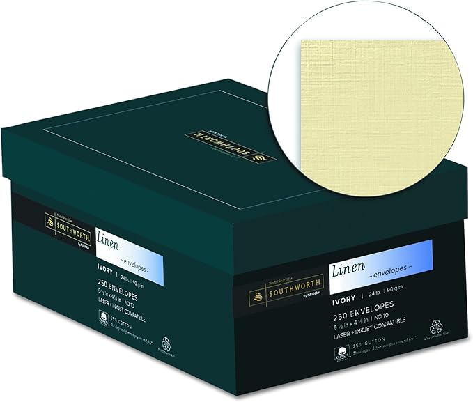 Southworth FSC Certified 55% Recycled 25% Cotton Linen Business Envelopes, 10 (4 1/8in x 9 1/2in), 24 Lb, Ivory, Box Of 250, J564-10 (Pack of 4)