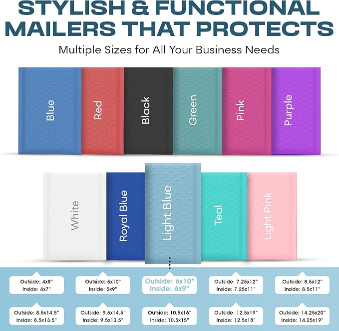 Light Blue Bubble Mailers 6x10, Poly Padded Envelopes #0, 500 Pack | Fits Cards, CDs & Small Items, Self-Seal Closure, Cushioned Protection, Water-Resistant Poly, Bulk Pack for Small Business