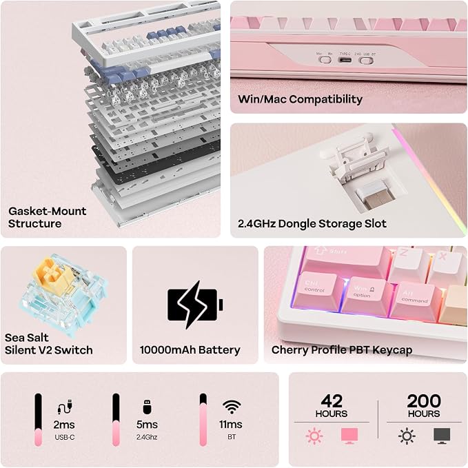 EPOMAKER TH108 PRO Full Size Mechanical Keyboard with Screen & Knob | Wireless Gaming Keyboard with 10000mAh, Creamy Gasket, Hot Swap, Custom Driver, RGB Backlight, NKRO (Pink, Sea Salt Silent)