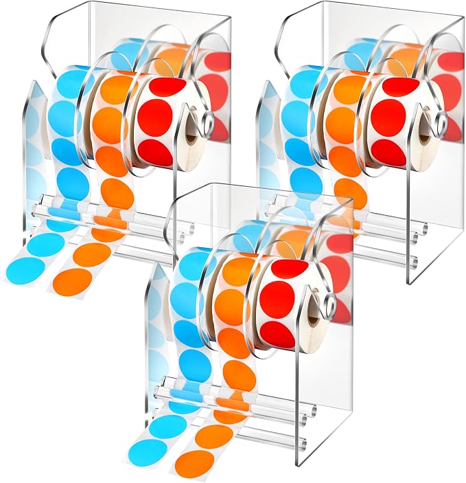 Geosar 3 Pcs Adjustable Label Dispenser 3 Disks Sticker Roll Holder Sticker Dispenser Clear Label Roll Holder Acrylic Tape Organizer Stand for Office Home Desktop