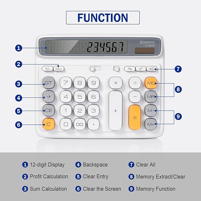 Comix Desk Calculator with 12 Digits Large LCD Display, Solar Battery Dual Power, Large Computer Keys Basic Calculator for Home Office School