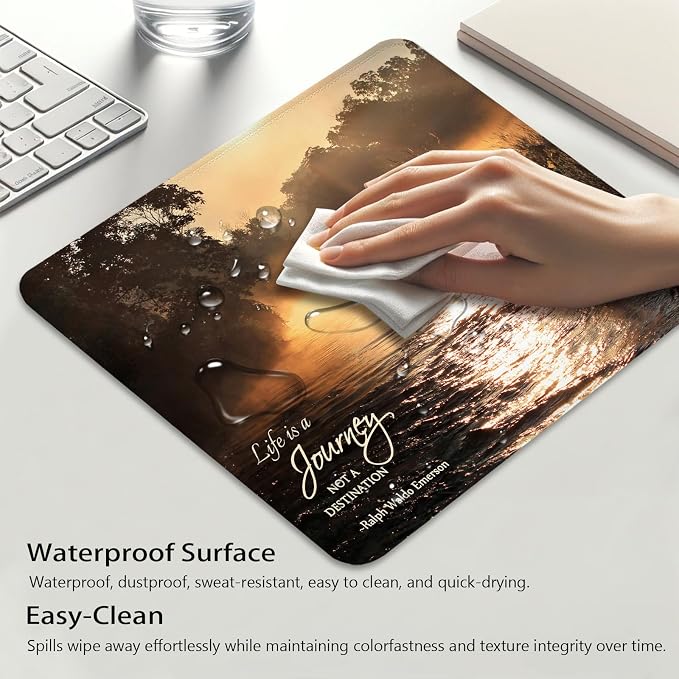Misty River at Sunrise Mouse Pad, Inspirational Quote About Life Desk Mat | Life is a Journey not a Destination Motivational, Cute Mousepad Stitched, Anti-Slip Base Smooth Surface, 9.5 x 7.9 Inches