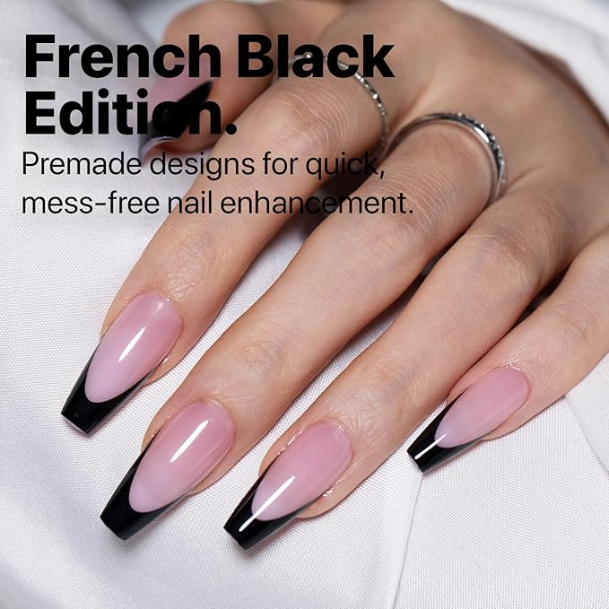 SXC Cosmetics French Tip Press On Nails 150 Pieces in 15 Sizes Ultra Fit with Pre-applied Tip Primer and Base Coat, No Need to File Fake Nails for Nail Art DIY X-Pro Tips (BLACK120-M Coffin)