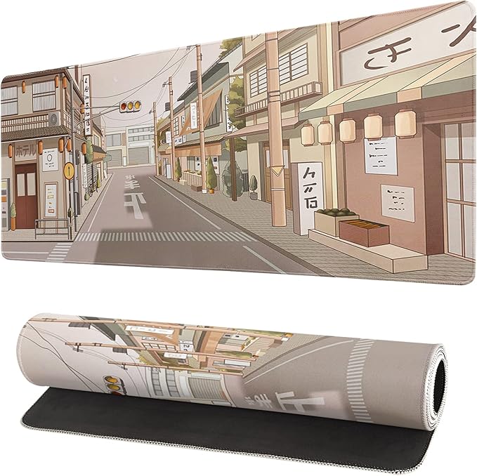 Tokyo Street Mouse Pad Anime Japanese Desk Mat Kawaii Large Gaming Mousepad XL Beige Cute Mousepad Gaming Non-Slip Rubber Base Stitched Edges Keyboard Mouse Mat Desk Pad for Office Home and Game