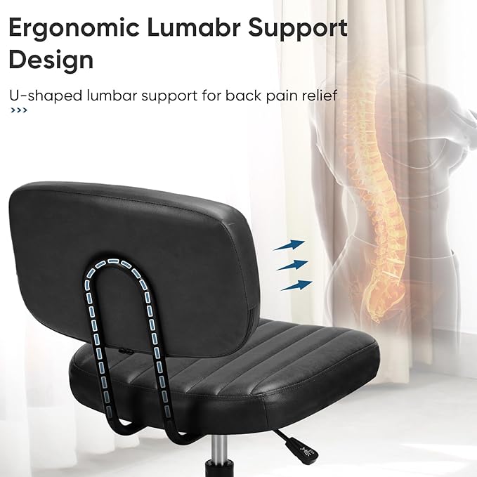 DUMOS Home Office Chair, Ergonomic Computer Desk Chair, Lumbar Support | Armless Height Adjustable, PU Leather, 360 Swivel Wheels, Small Space, Adults, New Black