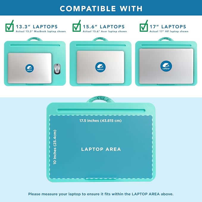 LAPGEAR The Original Lap Desk – Aqua Sky, Fits 17" Laptops | Microbead Cushion, Device Ledge, Built-In Pencil Tray, Carry Handle