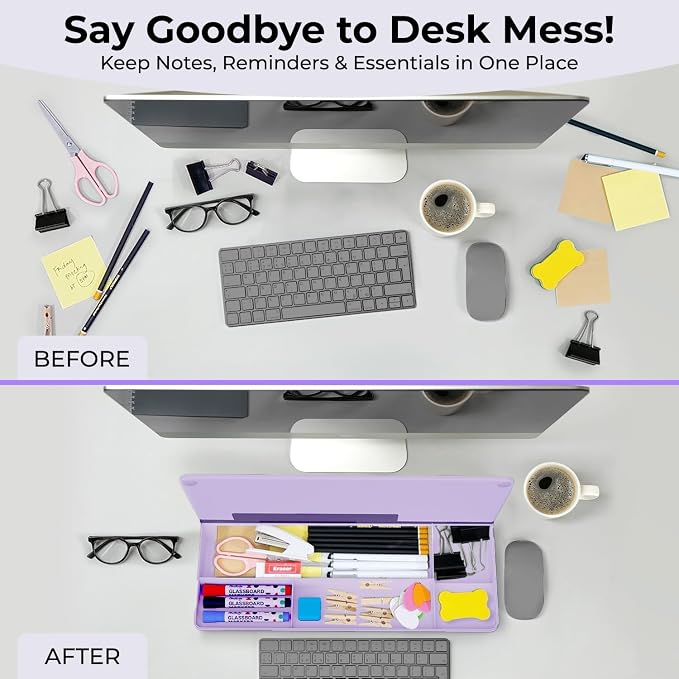Chalkola Lavender Glass Desktop Whiteboard with Storage + 3 Markers | Dry Erase Board, Work Desk Organizers, Computer Keyboard Stand, Home Office Supplies for Women, Accessories, Workspace Buddy