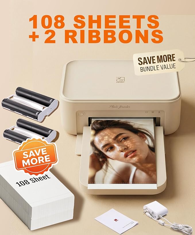 HPRT CP4100 4x6 Photo Printer with 108 Sheets & 2 Ribbons, Full-Color Thermal Dye Sublimation Wi-Fi Printing, Portable Instant Picture Printer for iPhone/Android, AR Video, Fun App, Home Use, Beige