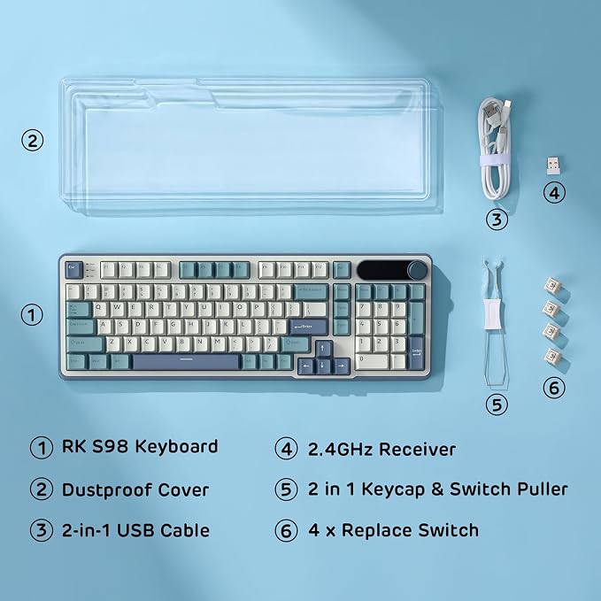 RK ROYAL KLUDGE S98 Wireless Mechanical Keyboard w/Smart Display & Knob | 96% Top Mount RGB Gaming Keyboard BT/2.4G/USB-C, 5-Layer Noise Dampening, Creamy Sound Pre-lubed Switch,Hot Swap, 98 Keys