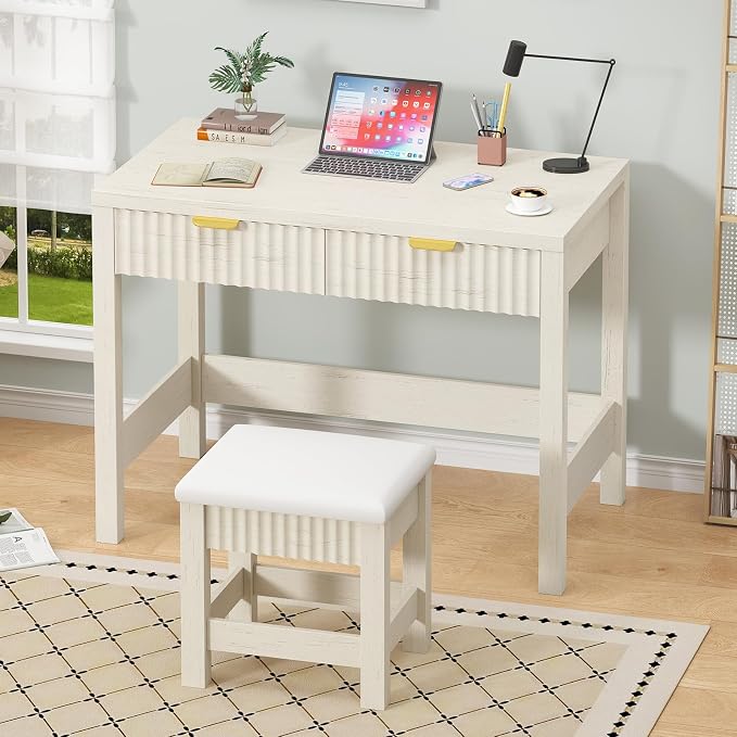 32 Inch Small Fluted Computer Desk with 2 Drawers & Stool for Bedroom | Vanity Desk with Stool, White Computer Desk with Storage, Compact Writing Study Table for Small Spaces