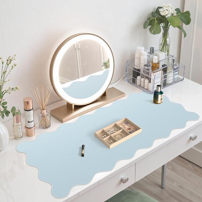 iCasso Blue Scalloped Mouse Mat, 35.4"x15.7" Computer Mat for Office | Adorable Non-Slip Base Scalloped Mousepad for Home, Floral Desk Pad Stitched Edges for Study Office Computer Setup