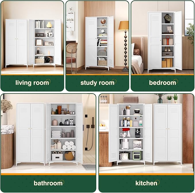 Letaya White Storage Cabinet with Feets-Metal Home Kitchen Pantry Cabinets with Doors and Adjustable Shelves,Organization Locker for Cupboard/Bedroom/Dining/Living/Bathroom/Office/Garage Room (White)
