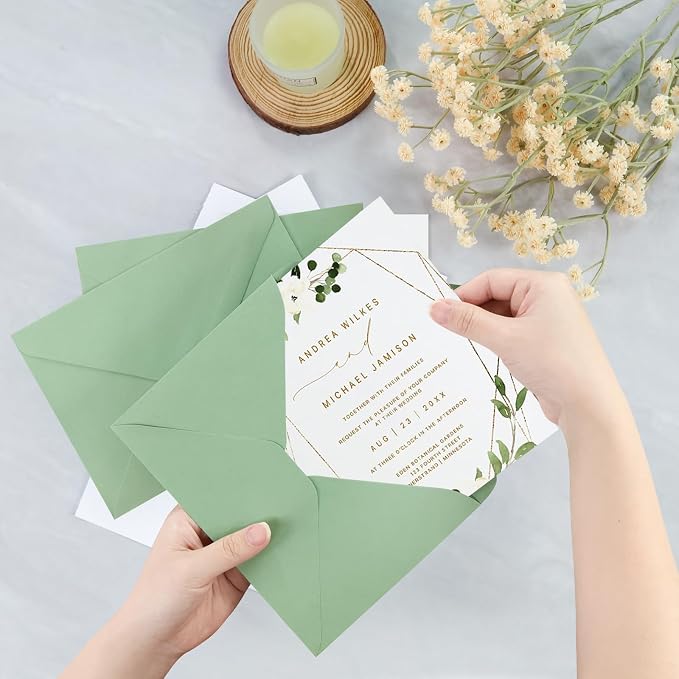 50 Pack A7 Envelopes, Sage Green Greeting Card Envelopes Self Seal, 5.24 x 7.24 in Envelopes for Birthday Graduation Baby Shower Wedding Invitation Cards