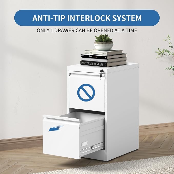 2 Drawer File Cabinet with Lock,Metal File Cabinet for Home Office | White Vertical Filing Cabinets Heavy Duty Office Storage Cabinets for Letter/Legal/A4/F4 Size File, Assembly Required