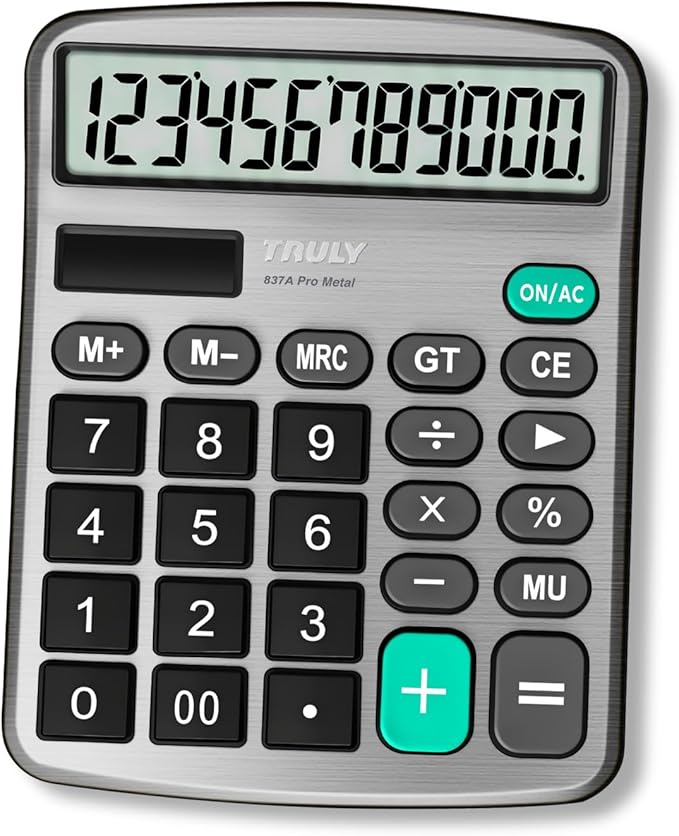 TRULY 12 Digits Desktop Calculator with Large LCD Display and Sensitive Button, Dual Solar Power and Battery, Standard Function for Office, Home, School, Metal Body, 837A Pro Silver