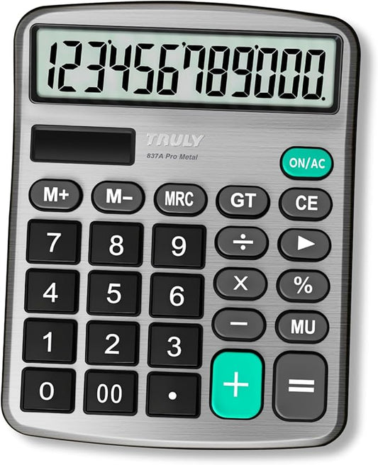 TRULY 12 Digits Desktop Calculator with Large LCD Display and Sensitive Button, Dual Solar Power and Battery, Standard Function for Office, Home, School, Metal Body, 837A Pro Silver