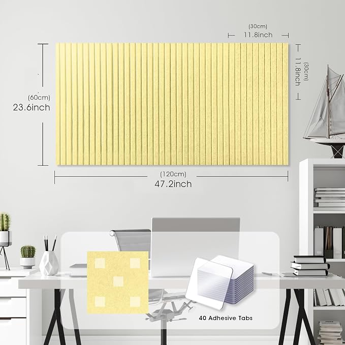 Large Felt Bulletin Board 48" x 24", Butter Yellow | 8 Pack Felt Tiles, 40 Adhesive Tabs, Cork Board Alternative for Walls, Push Pin Board for Home Office Decor