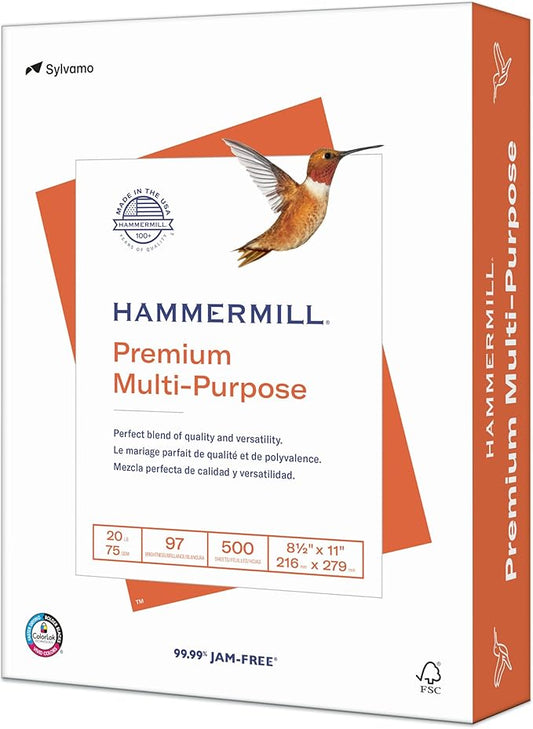 Hammermill Printer Paper, Premium Multipurpose Paper 20 lb, 8.5 x 11 - 1 Ream (500 Sheets) - 97Bright, Made in the USA
