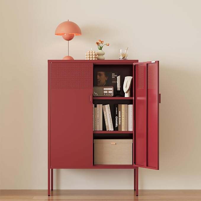 Metal Storage Cabinet,2 Door TV Stand, Metal Mesh Accent Cabinet | Magnetic Door Closure,Low Storage Cabinets with Doors and Shelf for Home,Office,Living Room