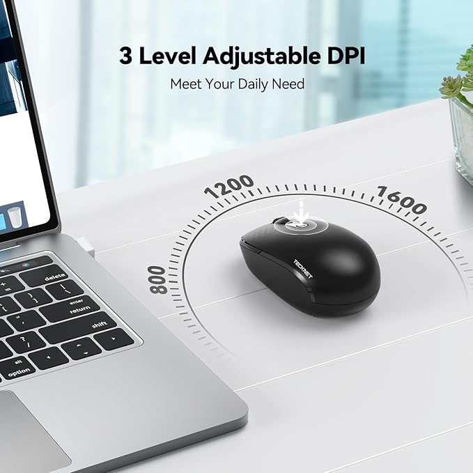 TECKNET Compact Ambidextrous Wireless Mouse for Laptop Black | 2.4G Quiet Computer Mouse with USB Receiver, 3 Adjustable DPI Portable Cordless Mice for Chromebook, Laptop, PC, Mac