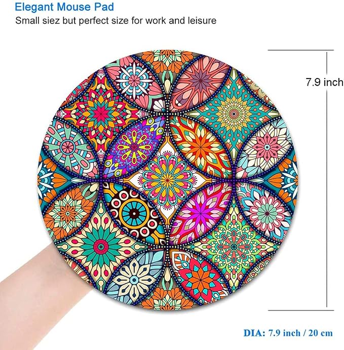 BOSOBO Cute Mouse Pad, Round Mandala Mouse Mat with Design, Non-Slip Rubber Base Mousepad with Stitched Edge, Waterproof Women Small Size 7.9 x 7.9 Inch, Pretty Mandala