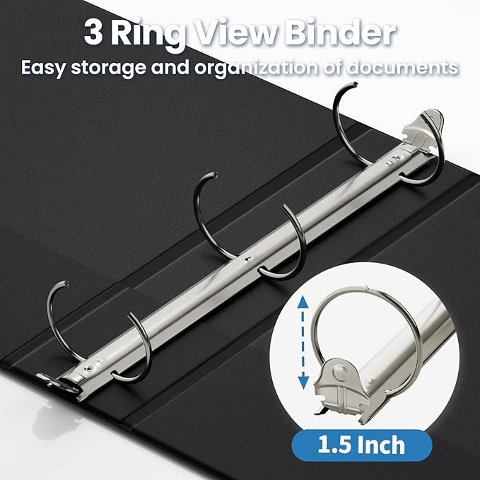 SUNEE 1.5 Inch Binders 3 Ring 4 Pack, PVC-Free Clear View 1 1/2 Inch Binders (Fits 8.5x11 Inches) for School, Office & Home Use, Black