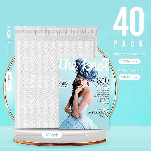 Fuxury Bubble Mailers 12x15" White Padded Envelopes 40 Pack Self-Seal | Large Bubble Envelopes Strong Adhesion Padded Mailers for Mailing Small Business,Magazine,Clothing