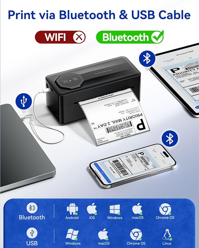 TATTMUSE Bluetooth Thermal Shipping Label Wireless 4x6 Label Printer | Printer for Small Business and Shipping Packages, Compatible with iPhone Android Windows Mac, Amazon, USPS, UPS, Black