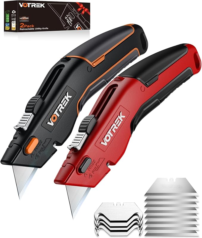 VOTREK® 2-Pack Box Cutter Utility Knife, [2-in-1] Retractable Box Cutter, Heavy Duty Safety Sharp Razor Knife for Home & Warehouse Cardboard, Carpet, [Blade Storage], with Extra Razor & Hook Blades